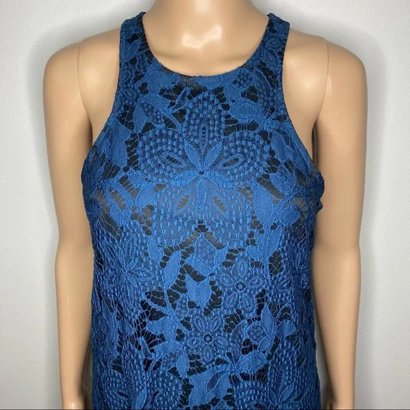 Express Blue & Black Lace High Neck Sleeveless Keyhole Knee Length Mini Dress - Picture 3 of 10